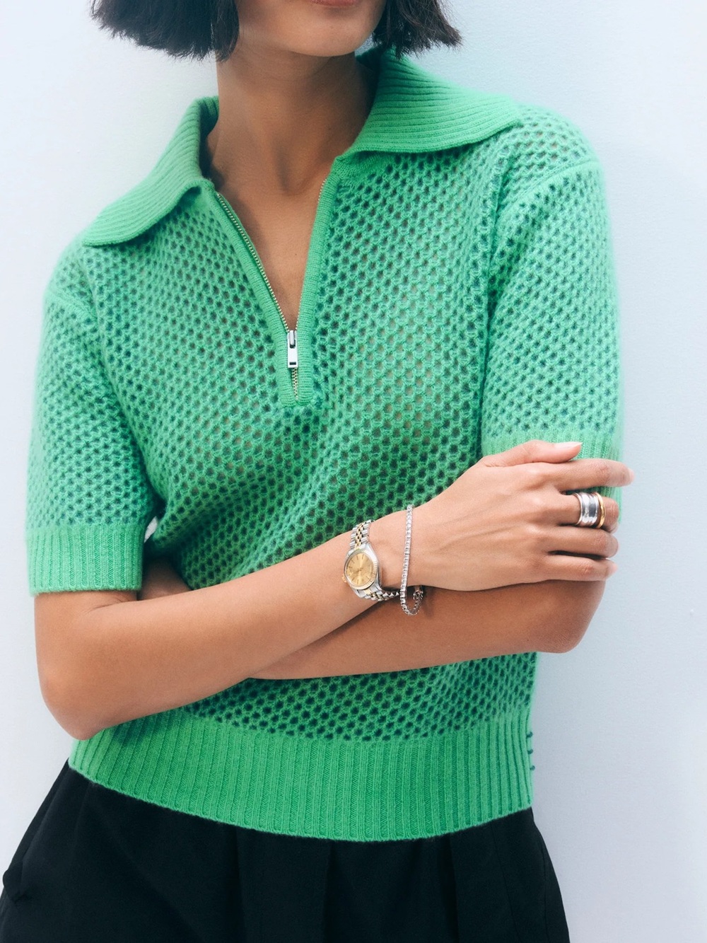 White & Warren Cashmere Mesh Polo Ivy Green Preppy Luxury Coastal Summer XS